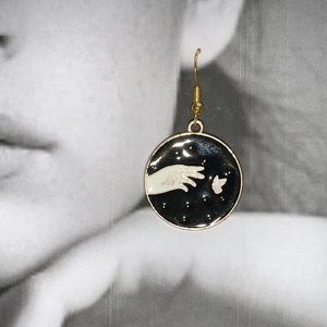 Dangling Drop Earrings Gold and Black with Hand and White Butterfly